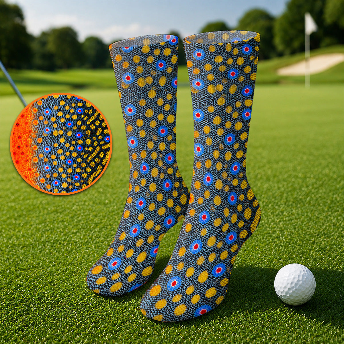 Brook Trout Skin Golf Socks, Vibrant Orange Spotted Fish Scale Pattern Golf Sock, Crazy Golf Gift For Golfers