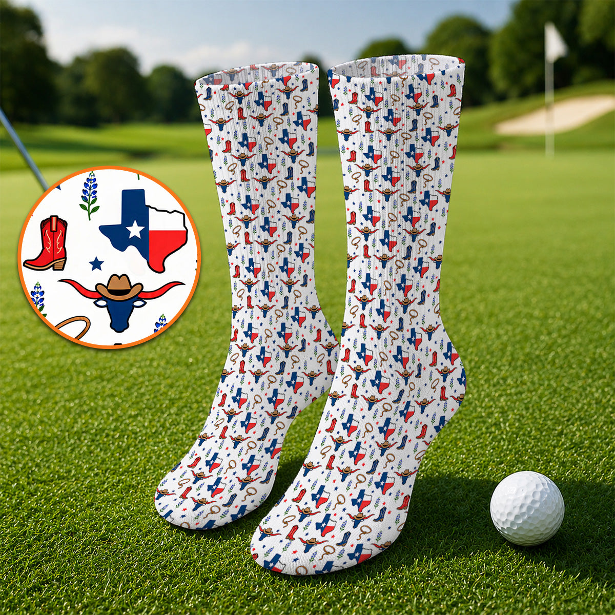 Texas Longhorn Golf Socks, Western Cowboy Texas Pattern Sock, Funny Golf Gift For Golfer