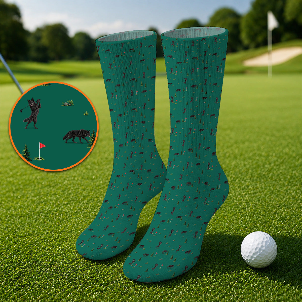 Black Wolf Pattern Golf Socks, Crazy Wolf Golf Sock, Wilderness Golf Gift for Golfers