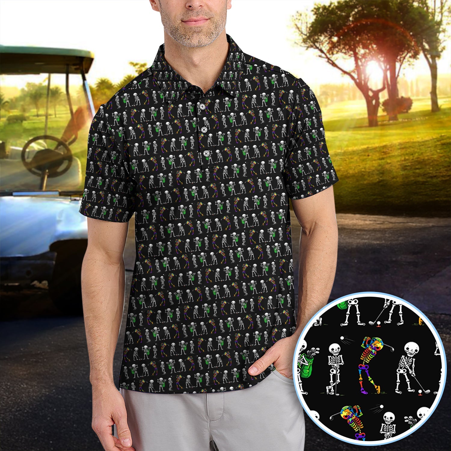 Funny Skeleton Golf Polo Shirt, Skeleton Golfer Pattern Shirt, Golf Lover Halloween Gift