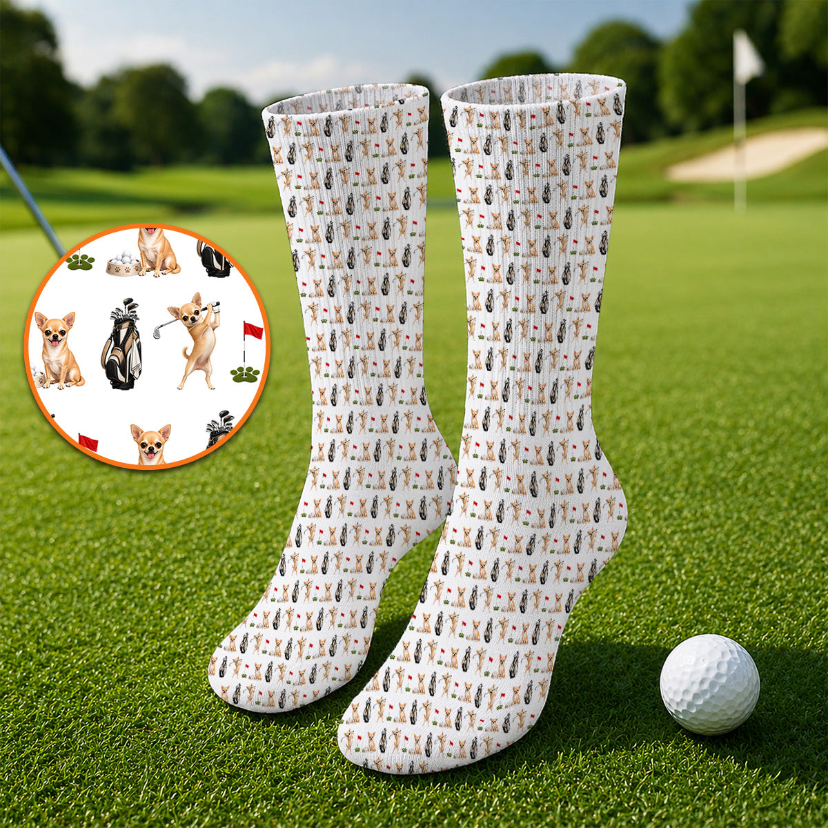 Chihuahua Golf Socks, Cute Chihuahua Golf Pattern Sock for Dog Lovers, Funny Golf Gift For Golfer