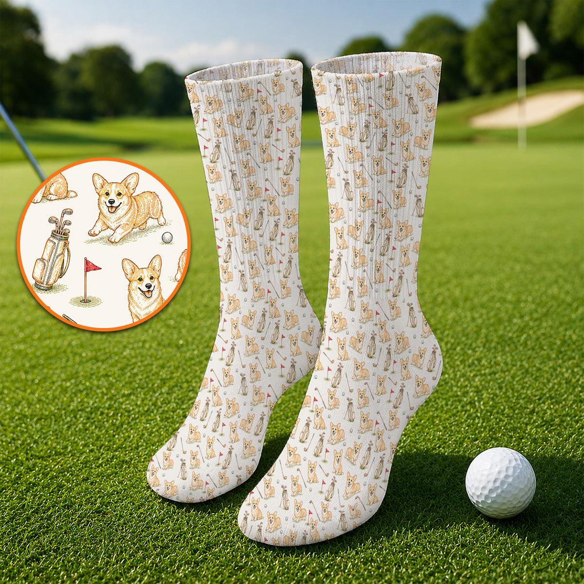 Funny Corgi Golf Socks For Golfer, Corgi Pattern Golf Sock, Dog Lover Golf Gift