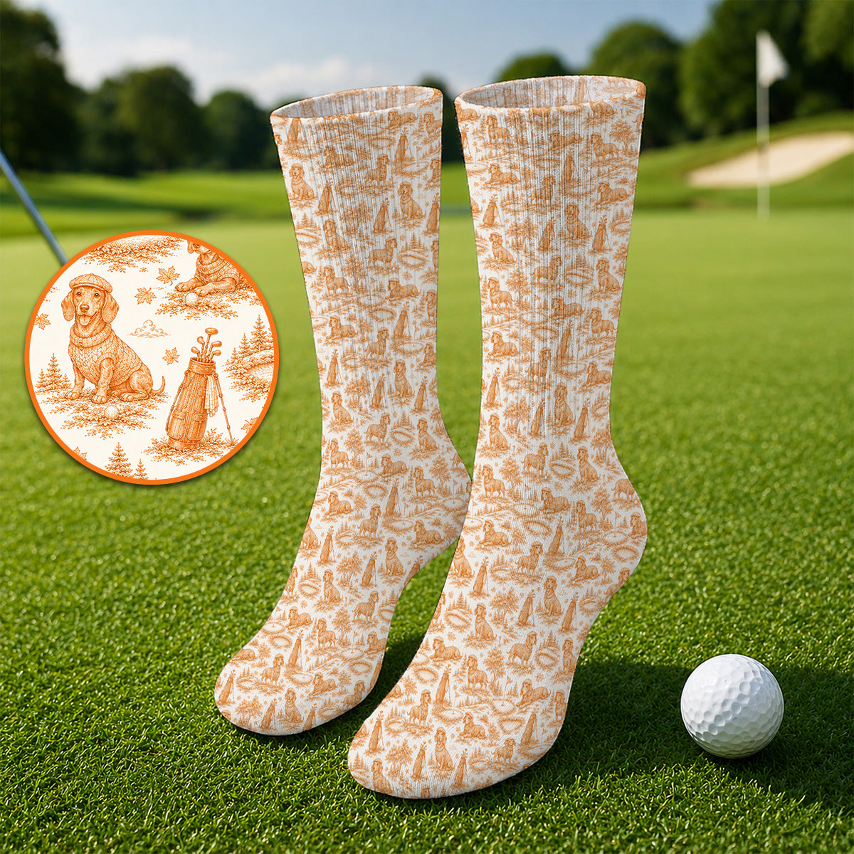 Dachshund Toile de Jouy Golf Socks, Autumn Wiener Dog Pattern Golf Sock, Crazy Golf Gift For Golfer