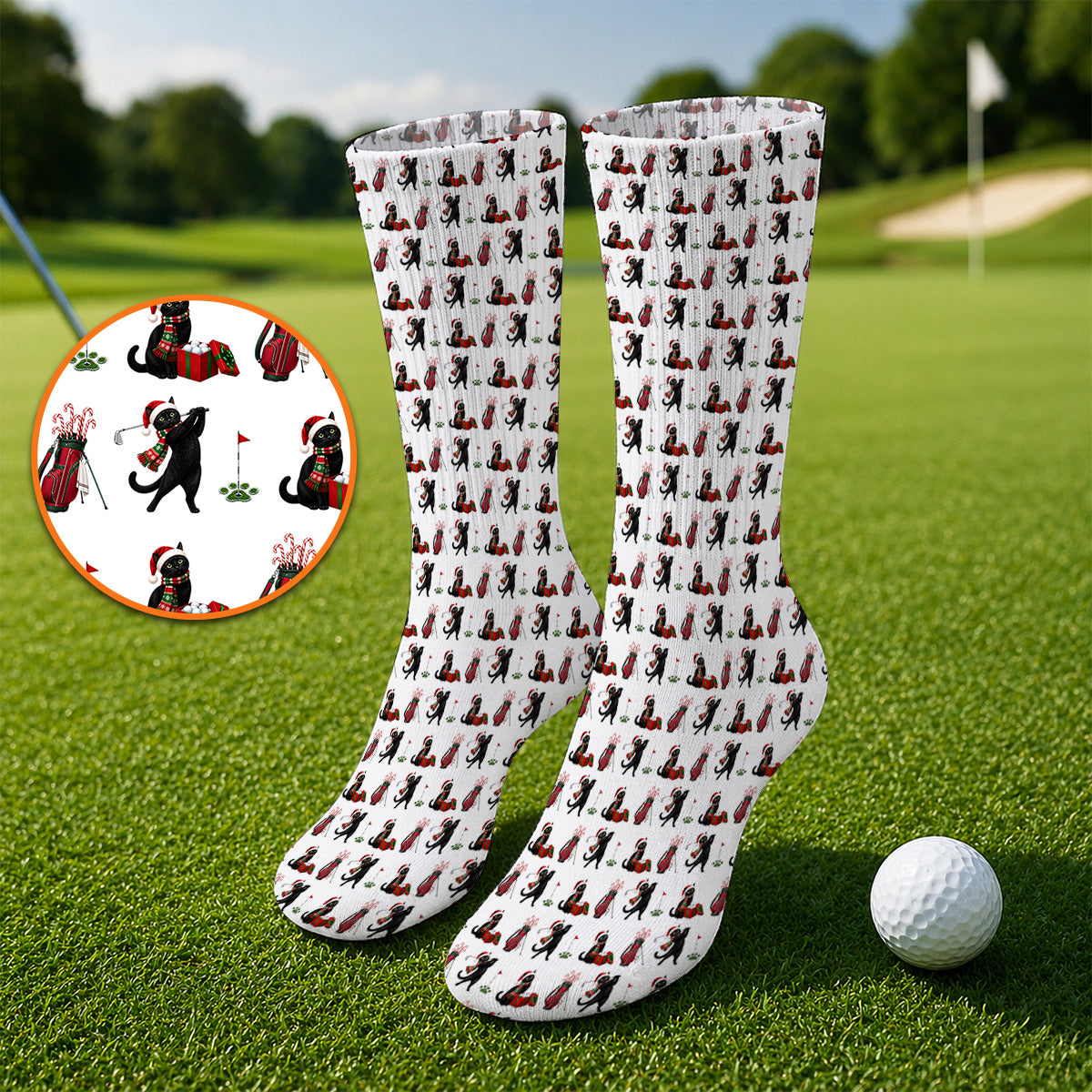 Black Cat Christmas Golf Socks, Festive Cat Patterm Golf Sock, Funny Holiday Golf Gift For Golfer