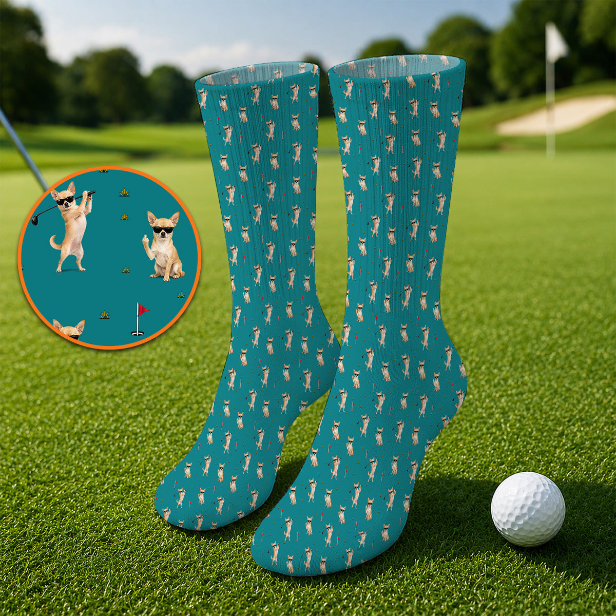 Funny Chihuahua Golf Socks, Cute Chihuahua Golf Pattern Sock for Dog Lovers, Crazy Golf Gift For Golfer