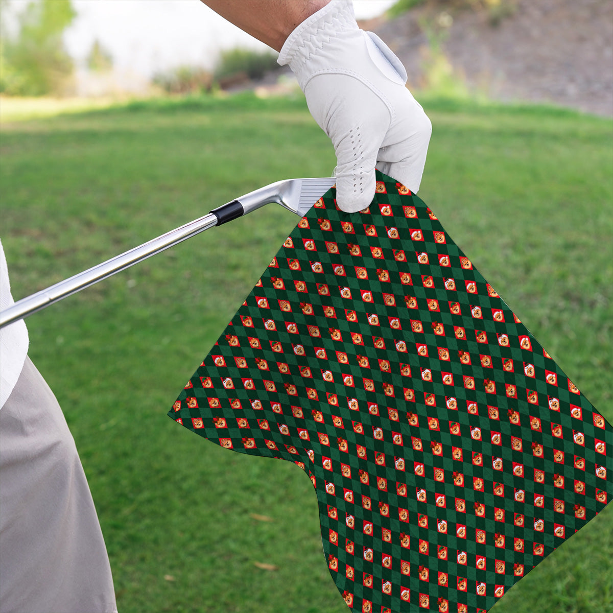 Christmas Pomeranian Golf Towels, Green Argyle & Santa Dog Pattern Golf Towel, Xmas Golf Gift For Golfer