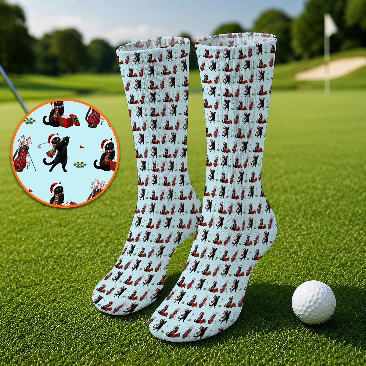 Black Cat Christmas Golf Socks, Festive Cat Patterm Golf Sock, Funny Holiday Golf Gift For Golfer