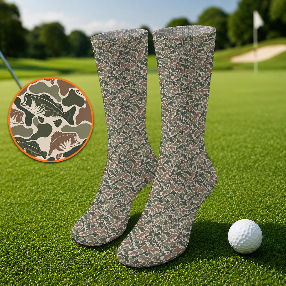 Bass Fishing Camo Pattern Golf Socks, Largemouth Bass Camouflage Golf Sock, Golf Gift For Golfers