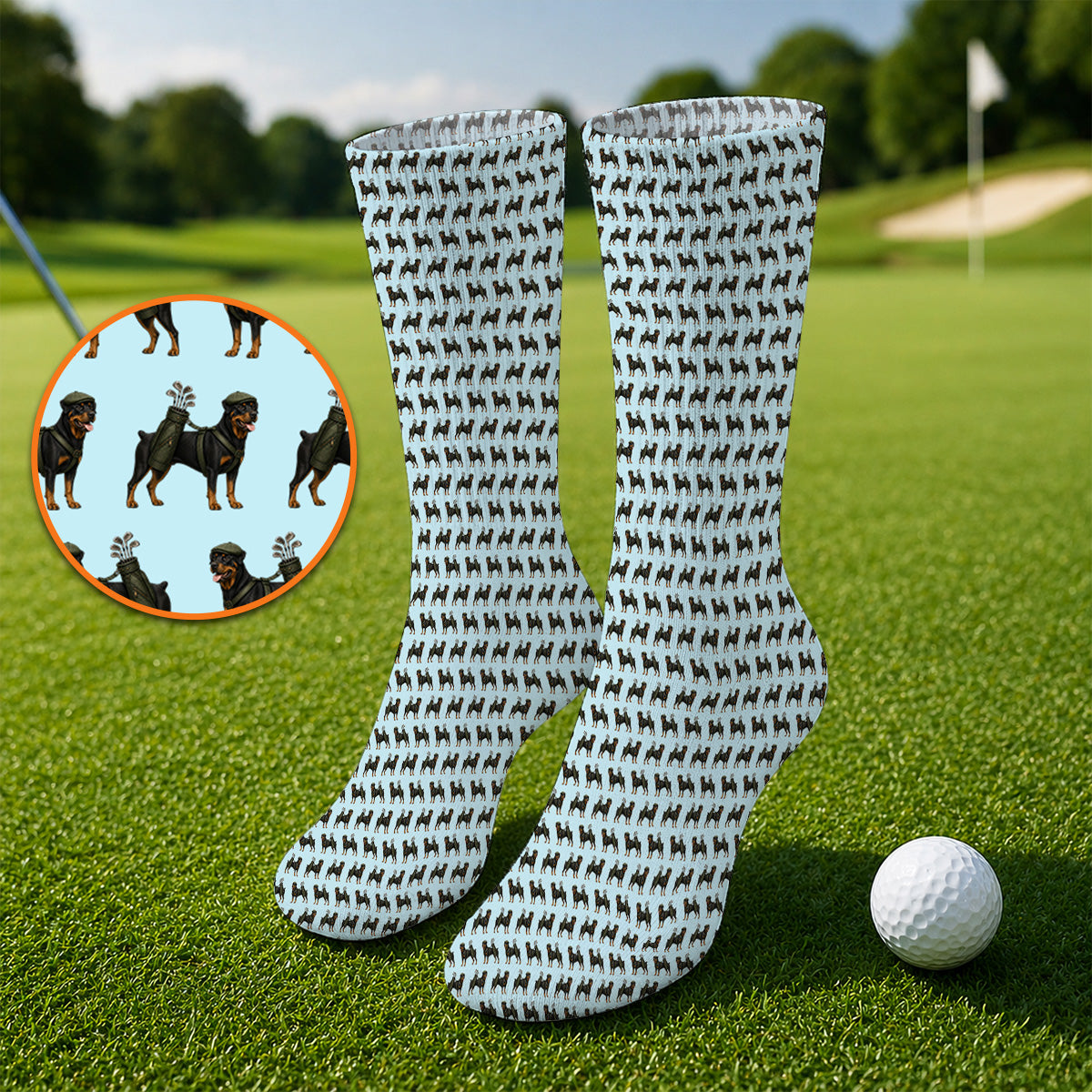 Rottweiler Golf Socks, Rottweiler Dog Golf Pattern Sock, Crazy Golf Gift For Golfer