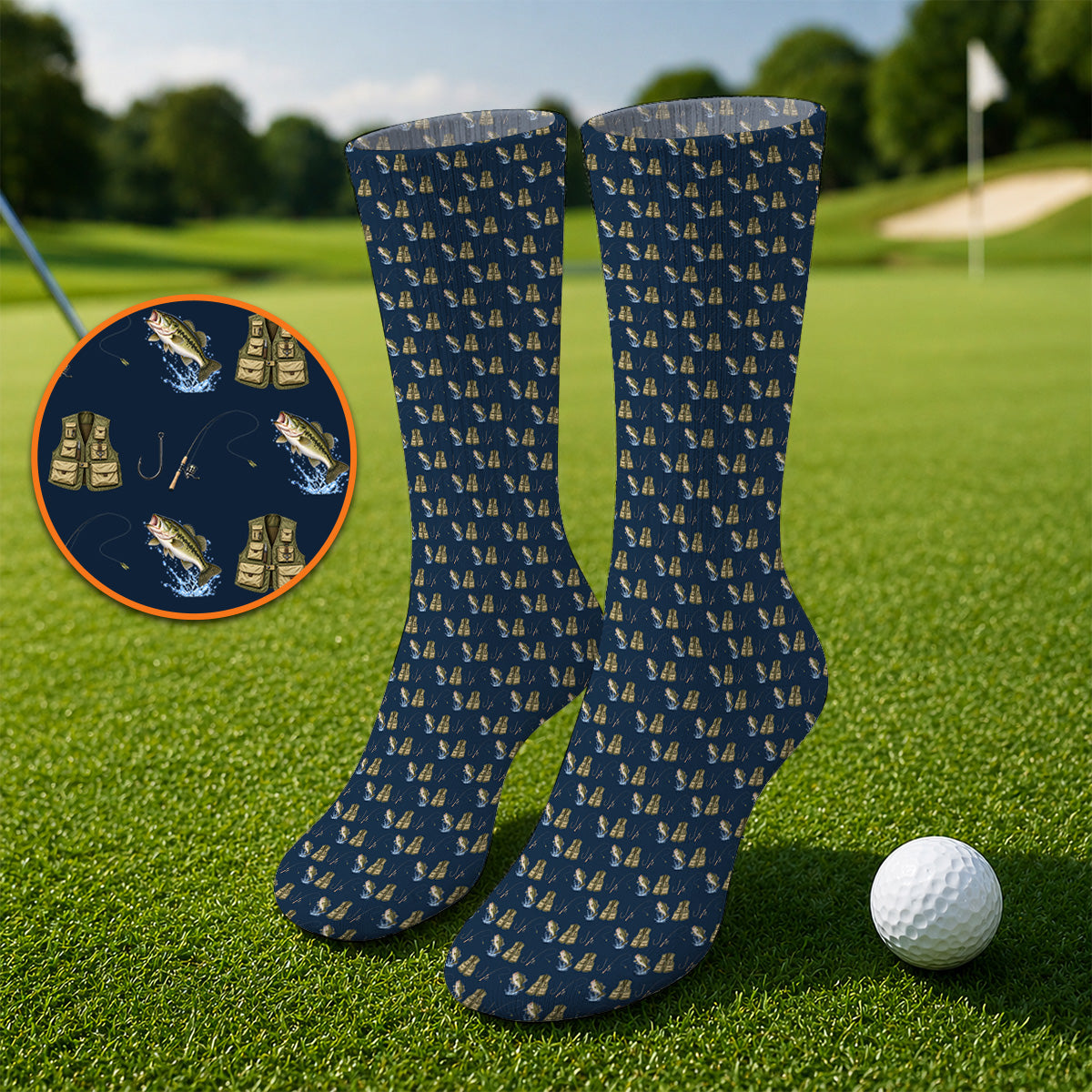 Bass Fishing Golf Socks, Largemouth Bass & Fishing Gear Pattern Golf Sock, Crazy Golf Gift For Golfers