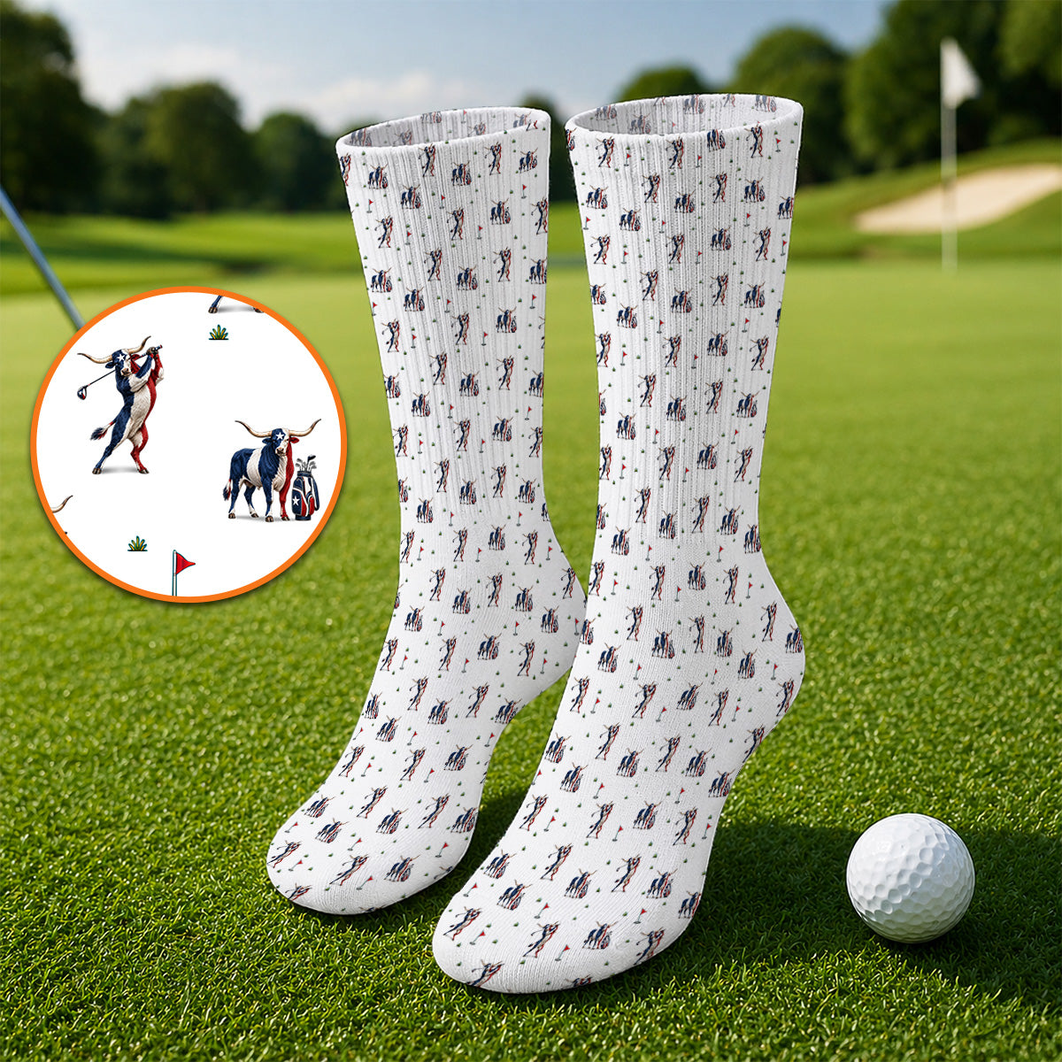 Texas Longhorn Pattern Golf Socks, Patriotic Bull Golf Sock, Unique Texas Golf Gift For Golfer