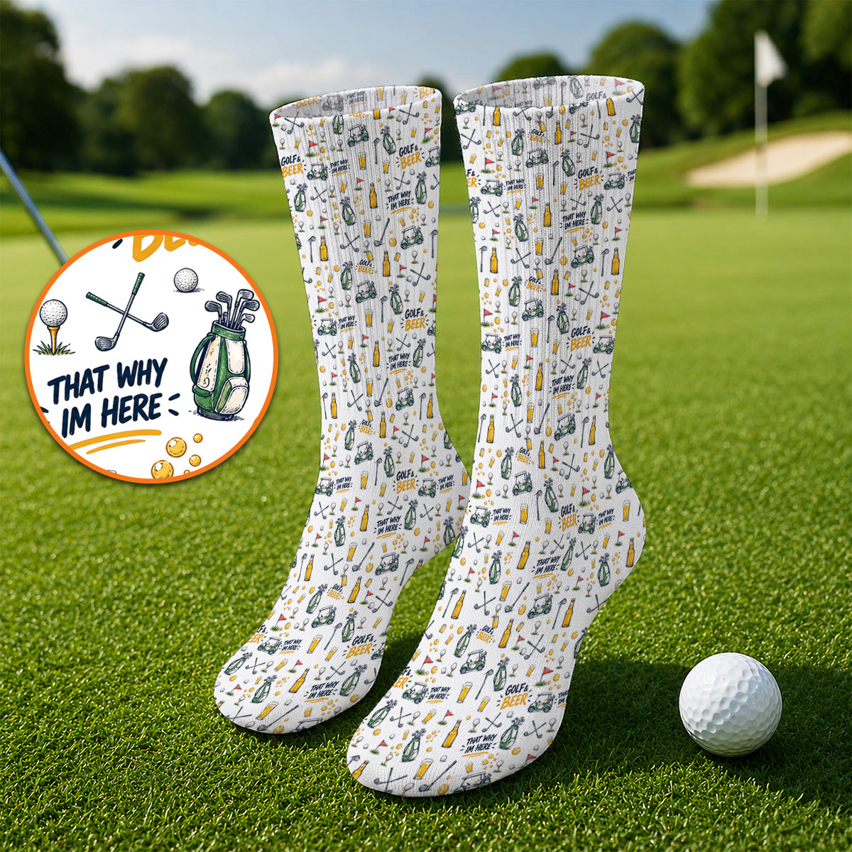 Funny Golf & Beer Socks, Golf Cart And Beer Pattern Golf Sock, That’s Why I’m Here Golf Gift For Golfer