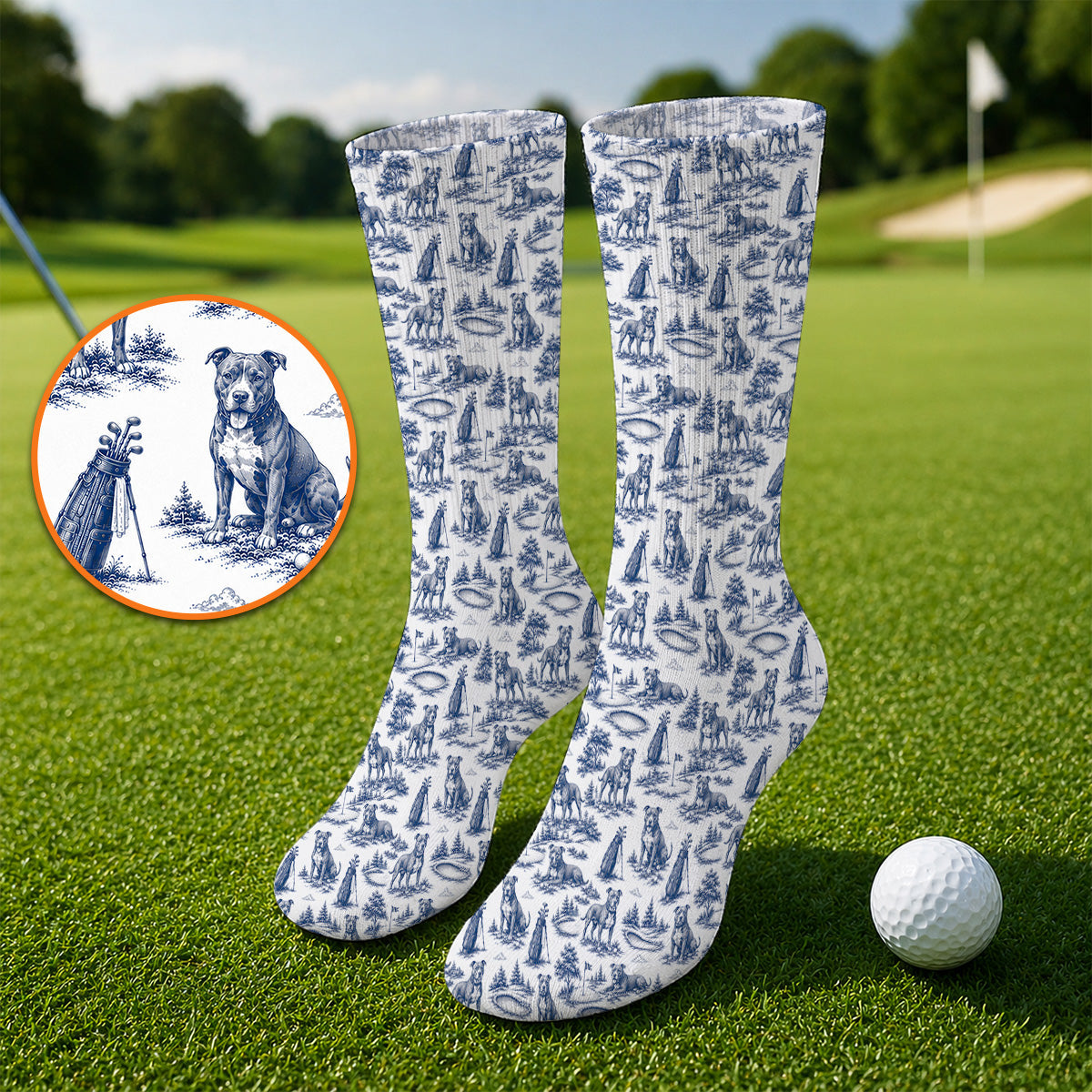 Crazy Pit Bull Golf Socks For Golfer, Toile de Jouy Pit Bull Pattern Golf Sock, Dog Lover Golf Gift