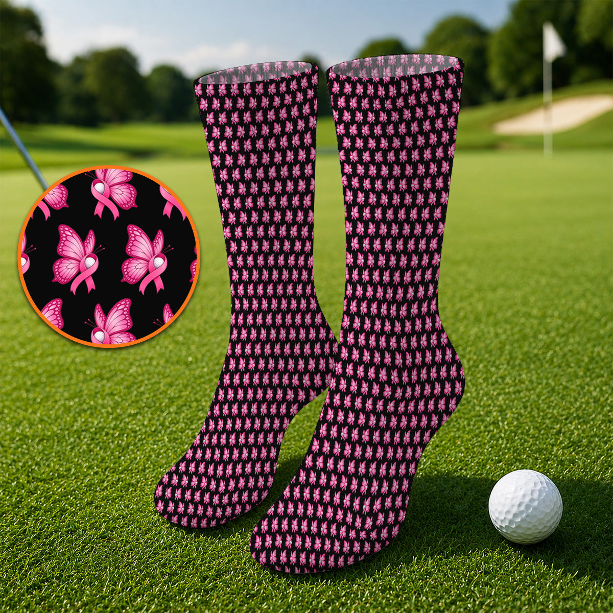 Breast Cancer Awareness Golf Socks, Pink Ribbon Butterfly Golf Sock for Golf Lovers, Support Cancer Awareness Golf Gift