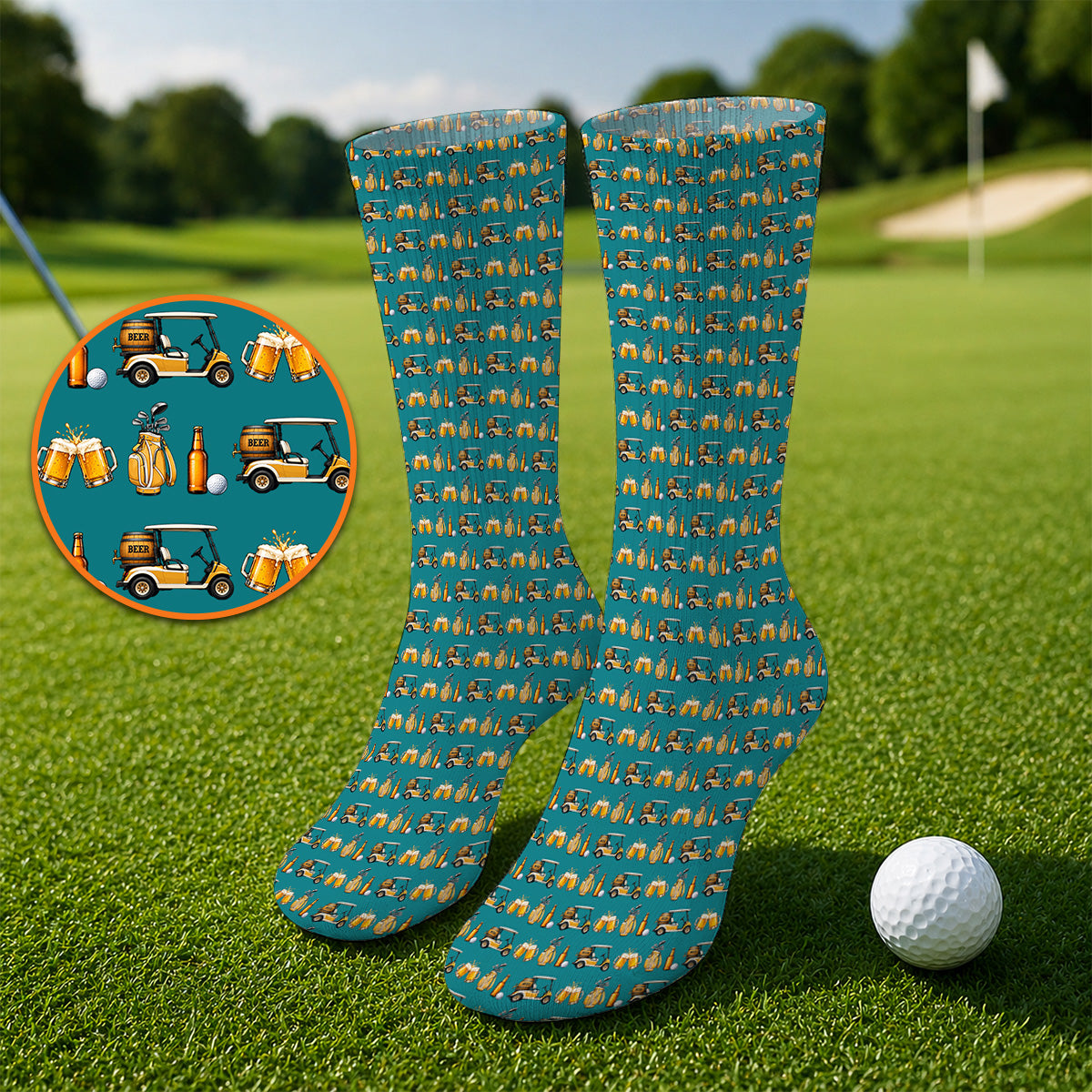 Golf & Beer Socks, Funny Beer Golf Cart Pattern Golf Sock, Beer Golf Gift For Golfers