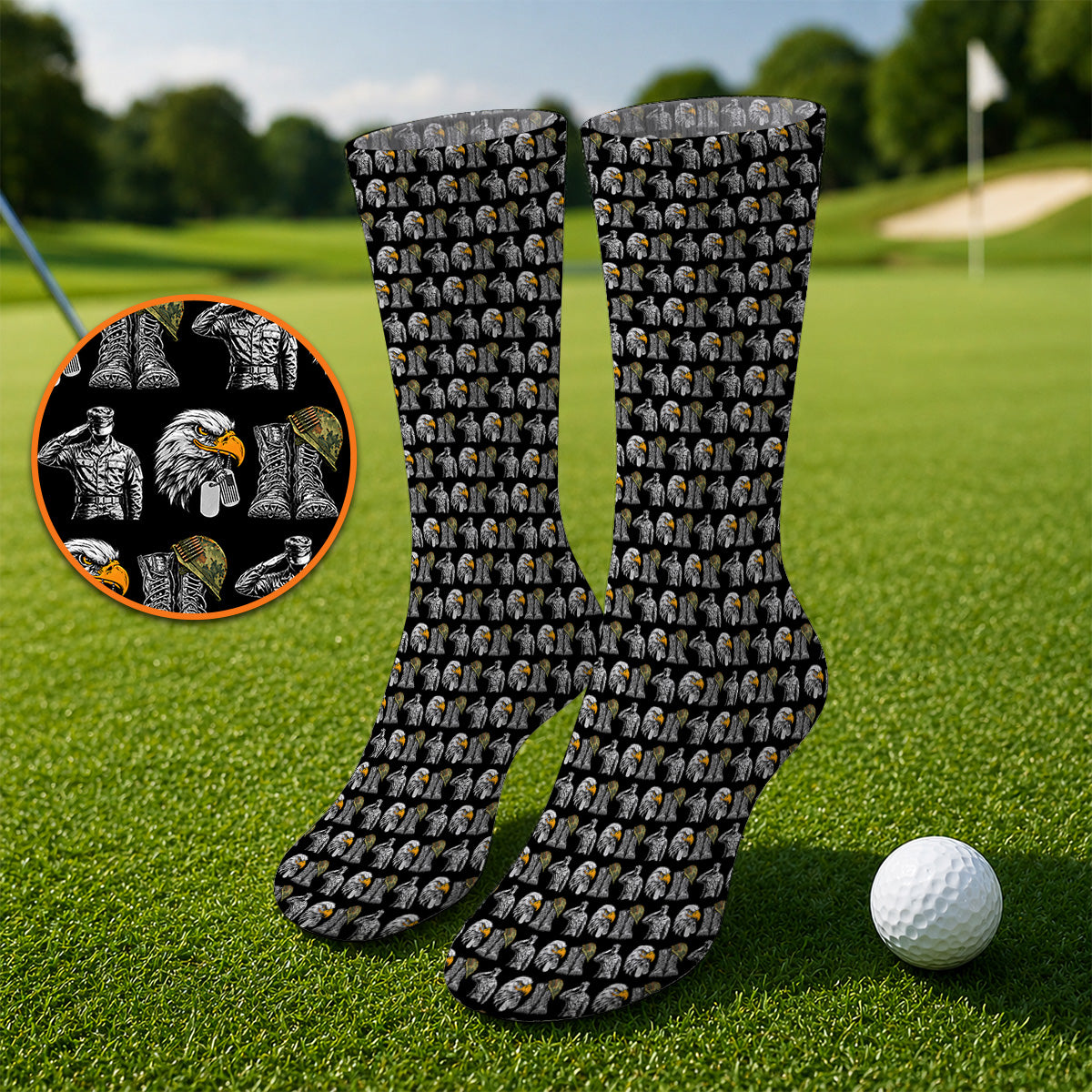 Veteran Eagle Golf Socks, Military Soldier & Army Tribute Pattern Golf Sock, Patriotic Veterans Day Golf Gift for Golfer