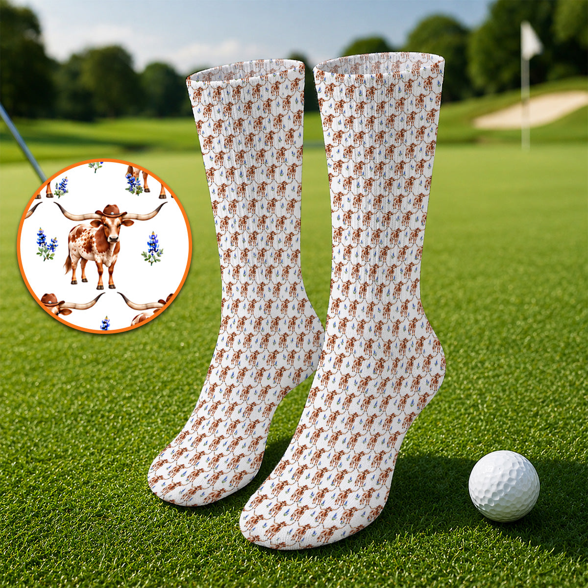 Crazy Texas Golf Socks, Western Cowboy Longhorn Patatern Golf Sock, Texas Bluebonnet Golf Gift For Golfers