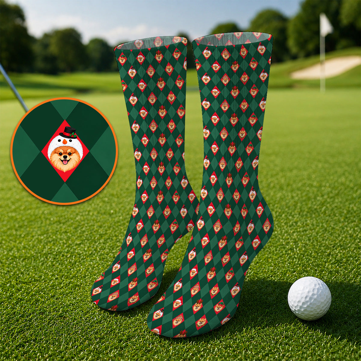 Christmas Pomeranian Golf Socks, Green Argyle & Santa Dog Pattern Golf Sock, Xmas Golf Gift For Golfer