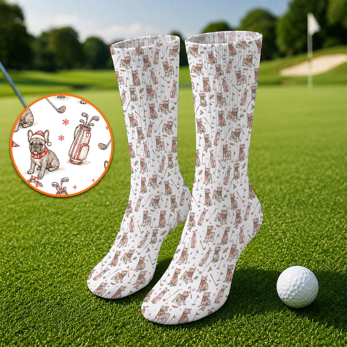 French Bulldog Christmas Golf Socks, Vintage Holiday Dog Pattern Golf Sock, Xmas Golf Gift for Golfers