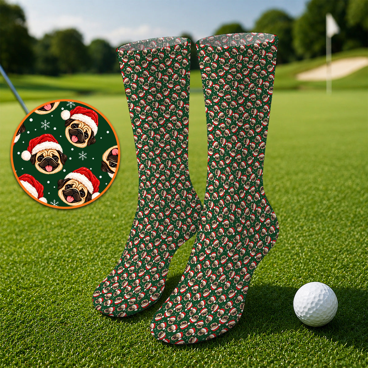 Funny Christmas Pug Golf Socks, Pug Pattern Golf Sock For Dog Lovers, Xmas Golf Gift For Golfers