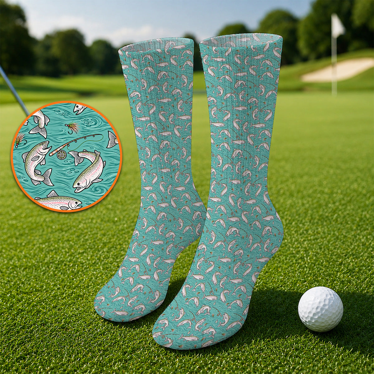 Crazy Rainbow Trout Pattern Golf Socks, Water Swirl Fish Golf Sock, Golf Gift For Trout Fishing Lovers