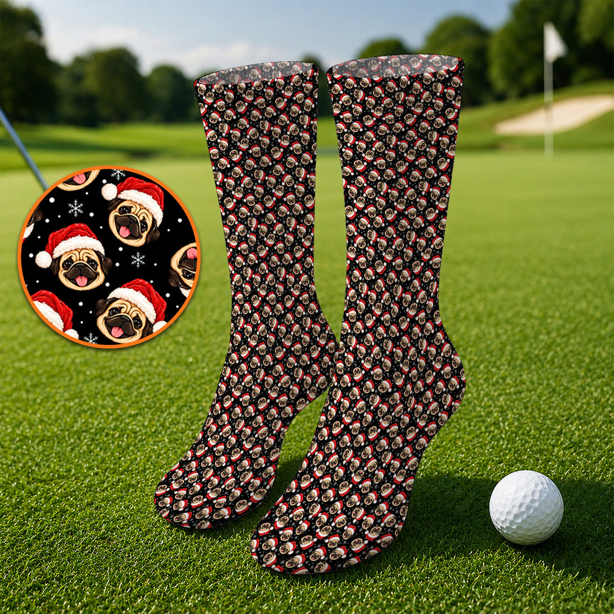 Funny Christmas Pug Golf Socks, Pug Pattern Golf Sock For Dog Lovers, Xmas Golf Gift For Golfers