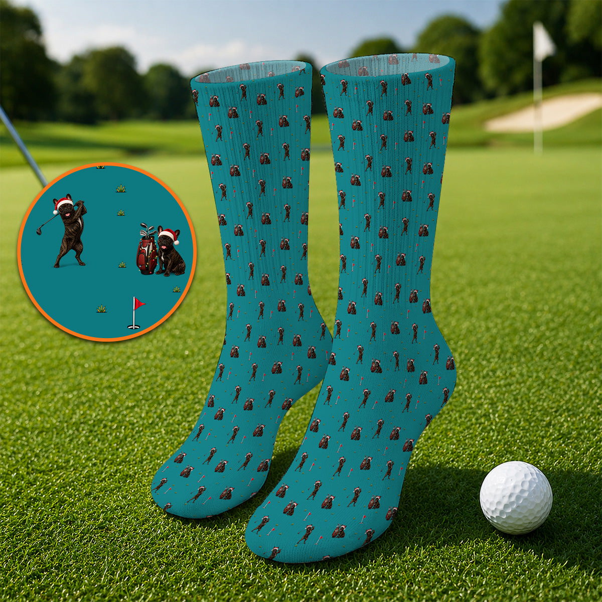 Christmas French BullDog Golfer Socks, Xmas French BullDog Golf Pattern Sock, Holiday Golf Gift for Golfers