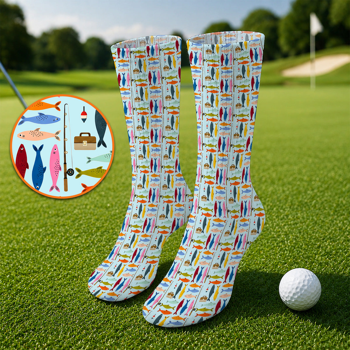 Colorful Fish Pattern Golf Socks, Fishing Rod Pattern Golf Sock, Crazy Golf Gift For Anglers and Fishermen