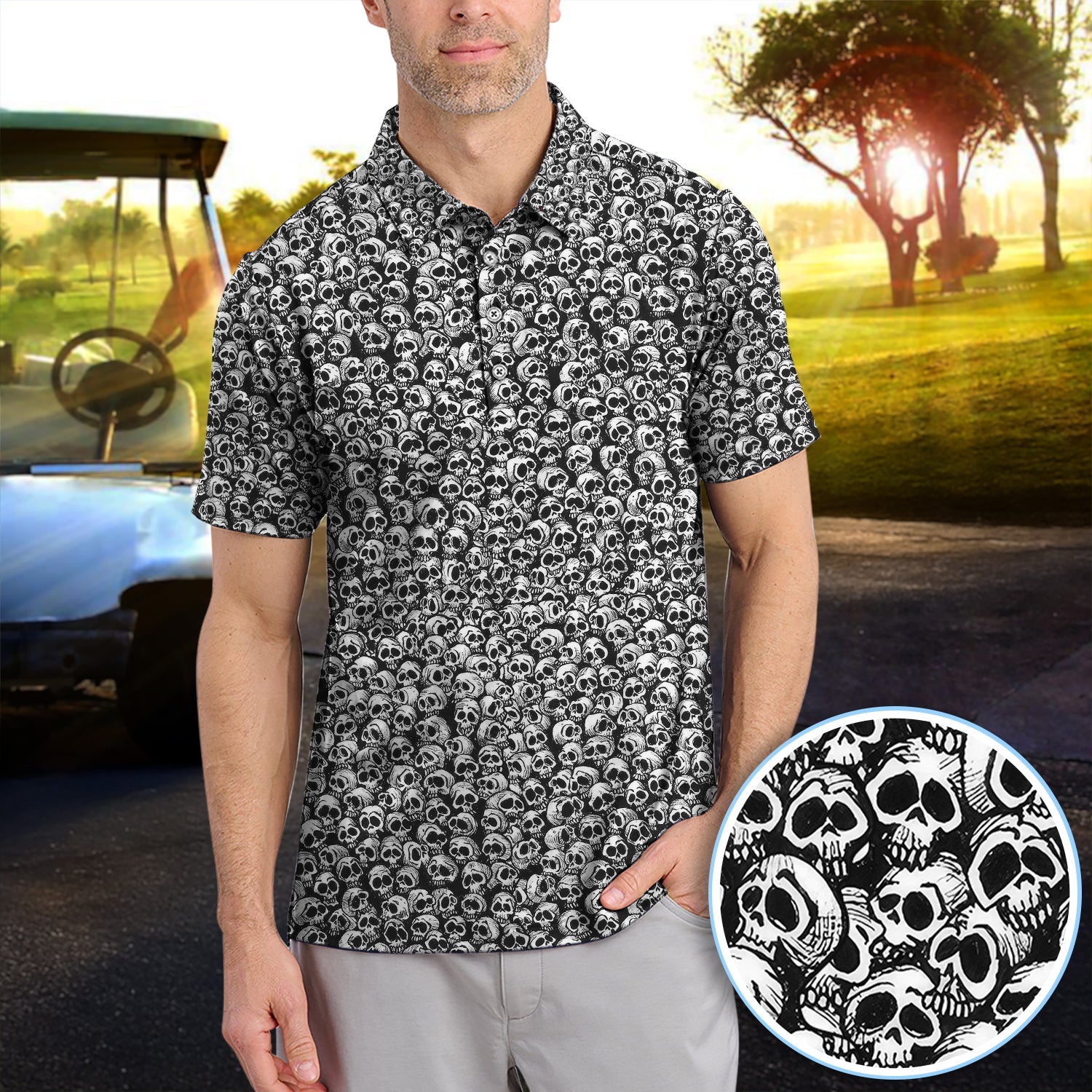 Gothic Skull Pattern Golf Shirt, Dark Skeleton Print Polo Shirt, Halloween Style Shirt