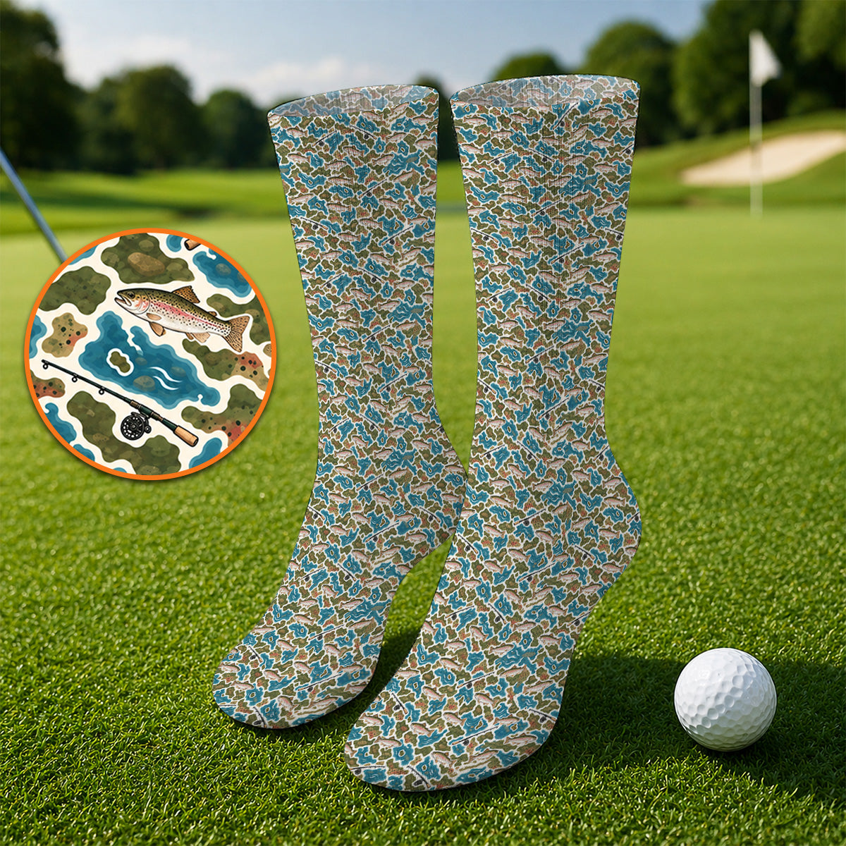 Rainbow Trout Fly Fishing Golf Socks, Crazy Camo Fish Pattern Golf Sock, Outdoor Golf Apparel Gift for Trout Fishing Lovers