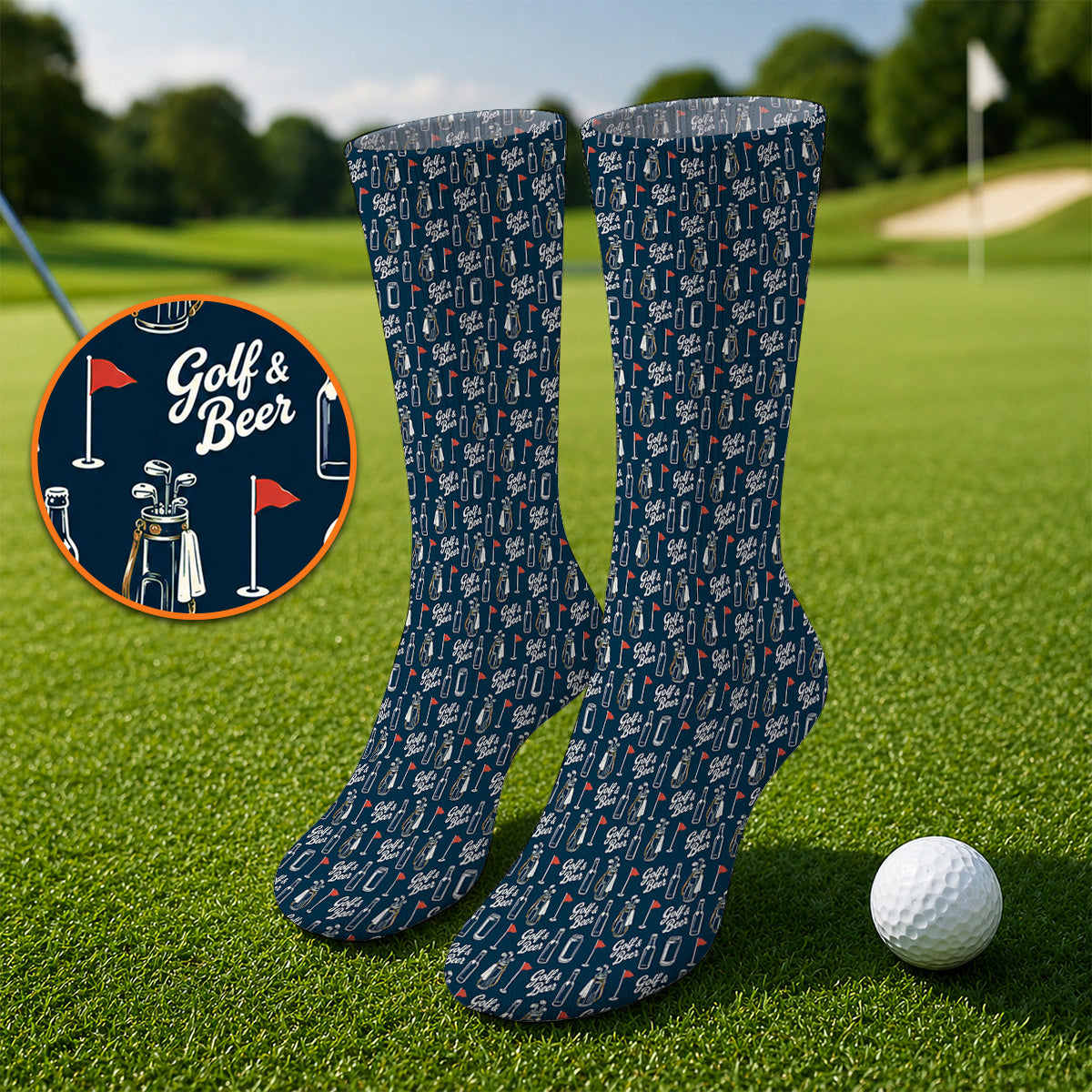 Crazy Golf & Beer Socks, Golf Bag And Beer Bottle Pattern Golf Sock, Golf Gift For Beer Lovers