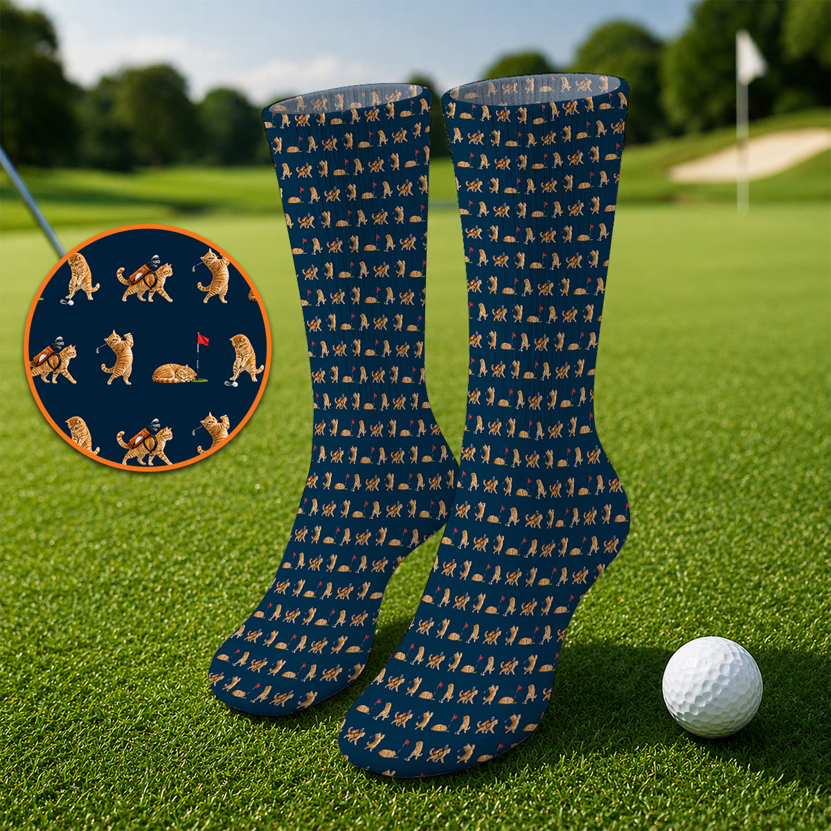 Orange Tabby Cat Golf Socks, Funny Ginger Cat Golf Pattern Sock, Unique Golf Gift For Cat Lovers