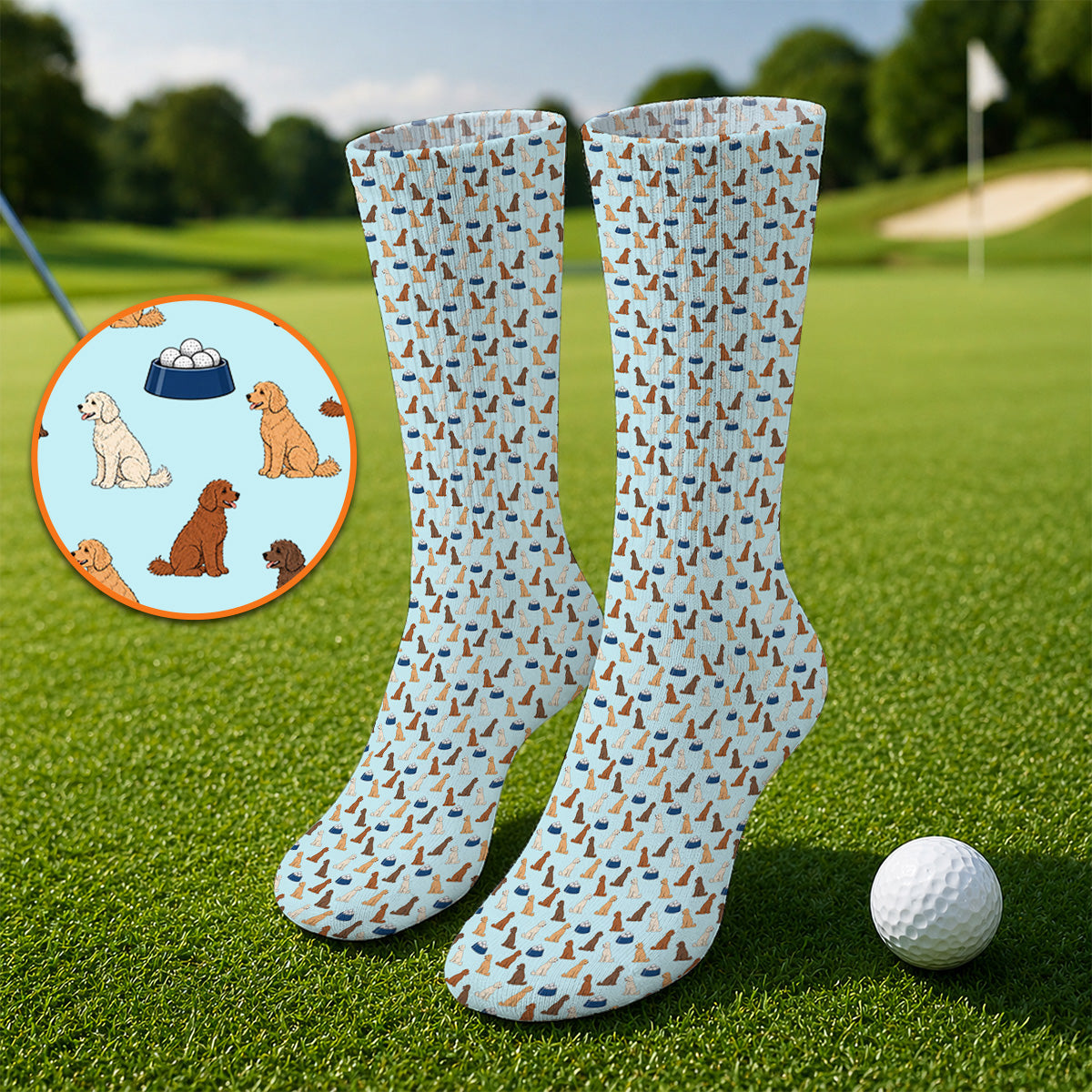 Funny Goldendoodle Pattern Golf Socks, Doodle Dog & Golf Ball Sock, Golf Gift for Golfers