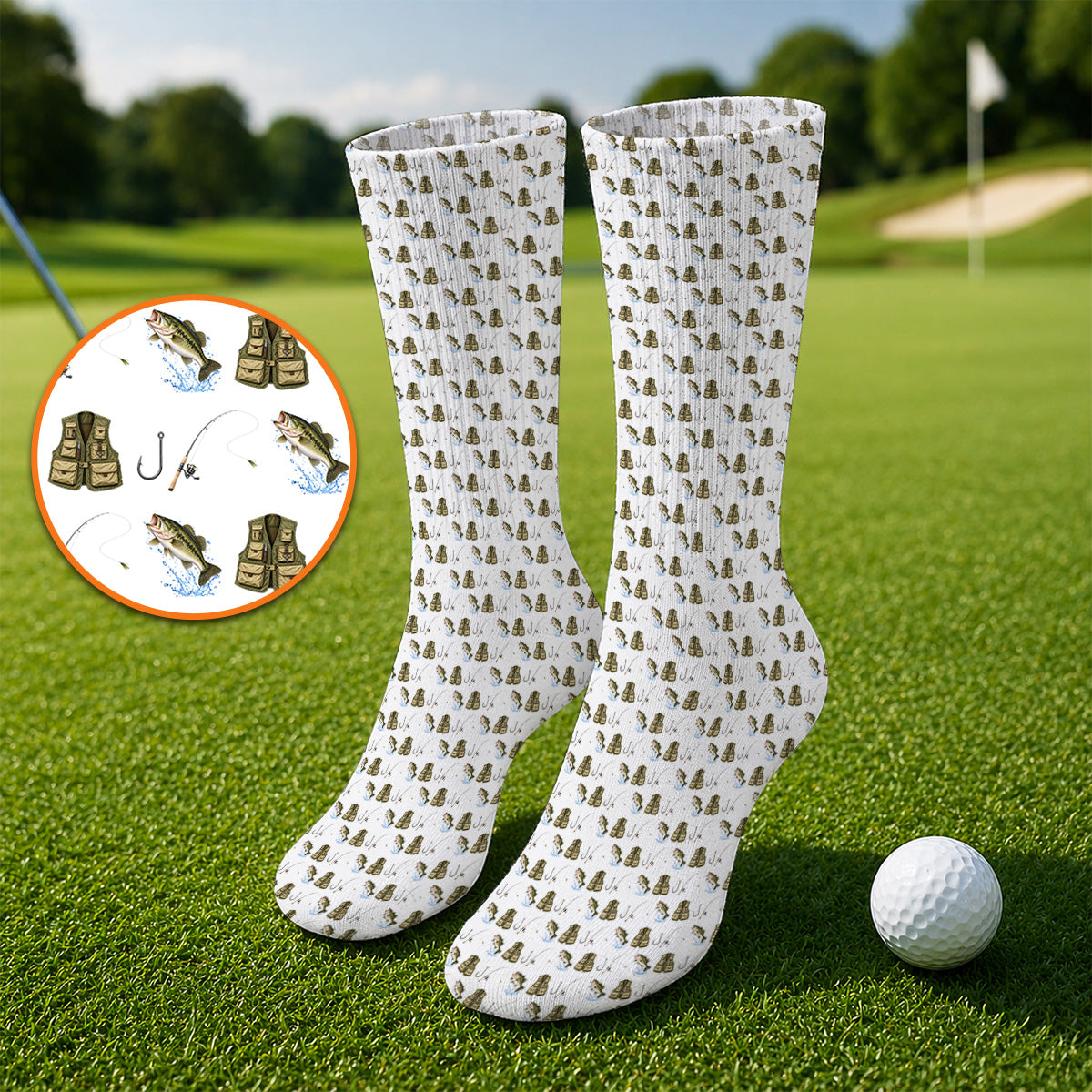 Bass Fishing Golf Socks, Largemouth Bass & Fishing Gear Pattern Golf Sock, Crazy Golf Gift For Golfers