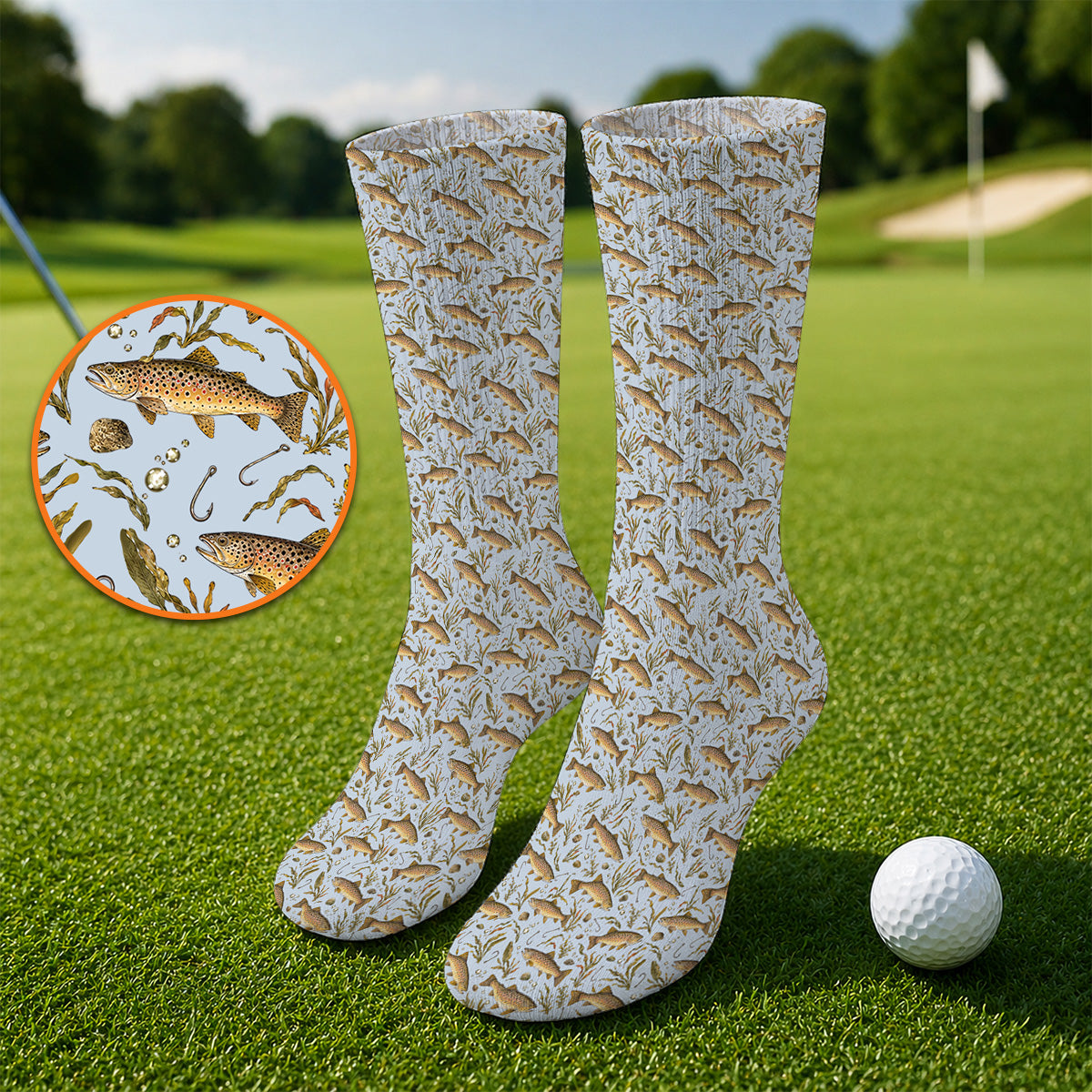 Funny Brown Trout Fishing Golf Socks, Vintage Trout & Fly Fishing Pattern Golf Sock, Golf Gift For Golfer