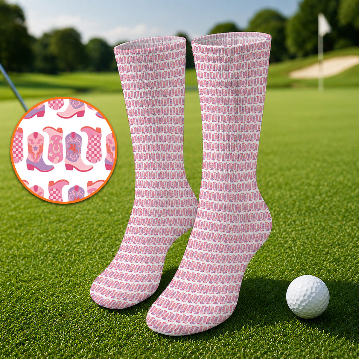 Pink Cowgirl Golf Socks, Western Cowboy Boots Pattern Golf Sock, Crazy Golf Gift For Golfers
