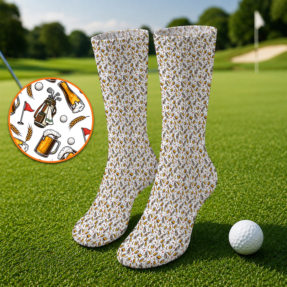 Pattern Golf And Beer Socks, Funny Golf Sock, Golf Gift For Golfer