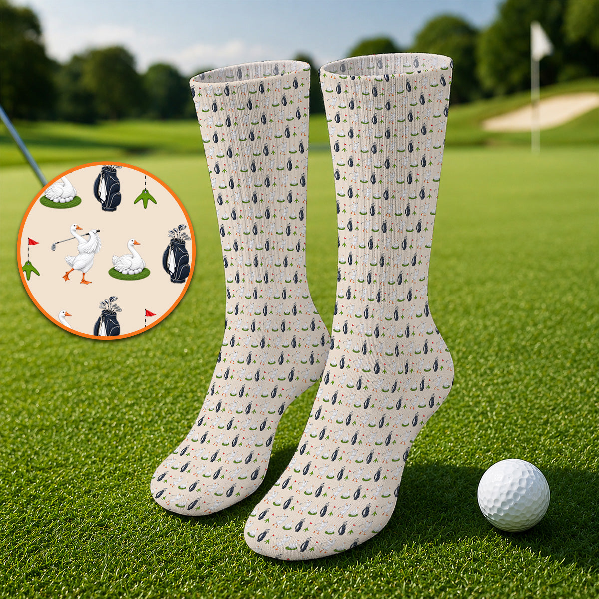 Funny Goose Golf Socks, Teal Goose & Golf Pattern Sock, Golf Apparel Gift For Golfer