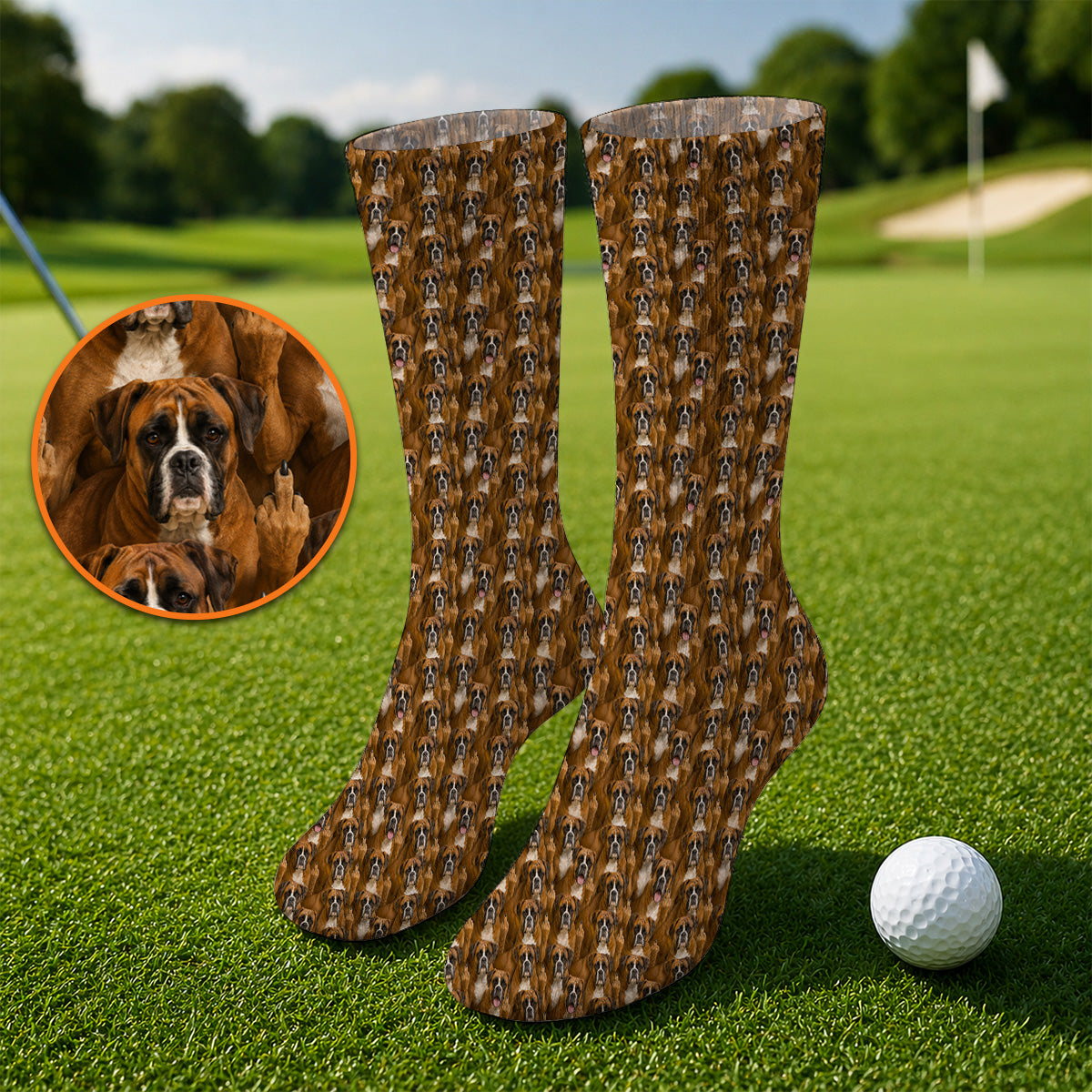 Crazy Boxer Middle Finger Golf Sock, Boxer Pattern Golf Socks for Golfer, Golf Gift for Dog Lovers