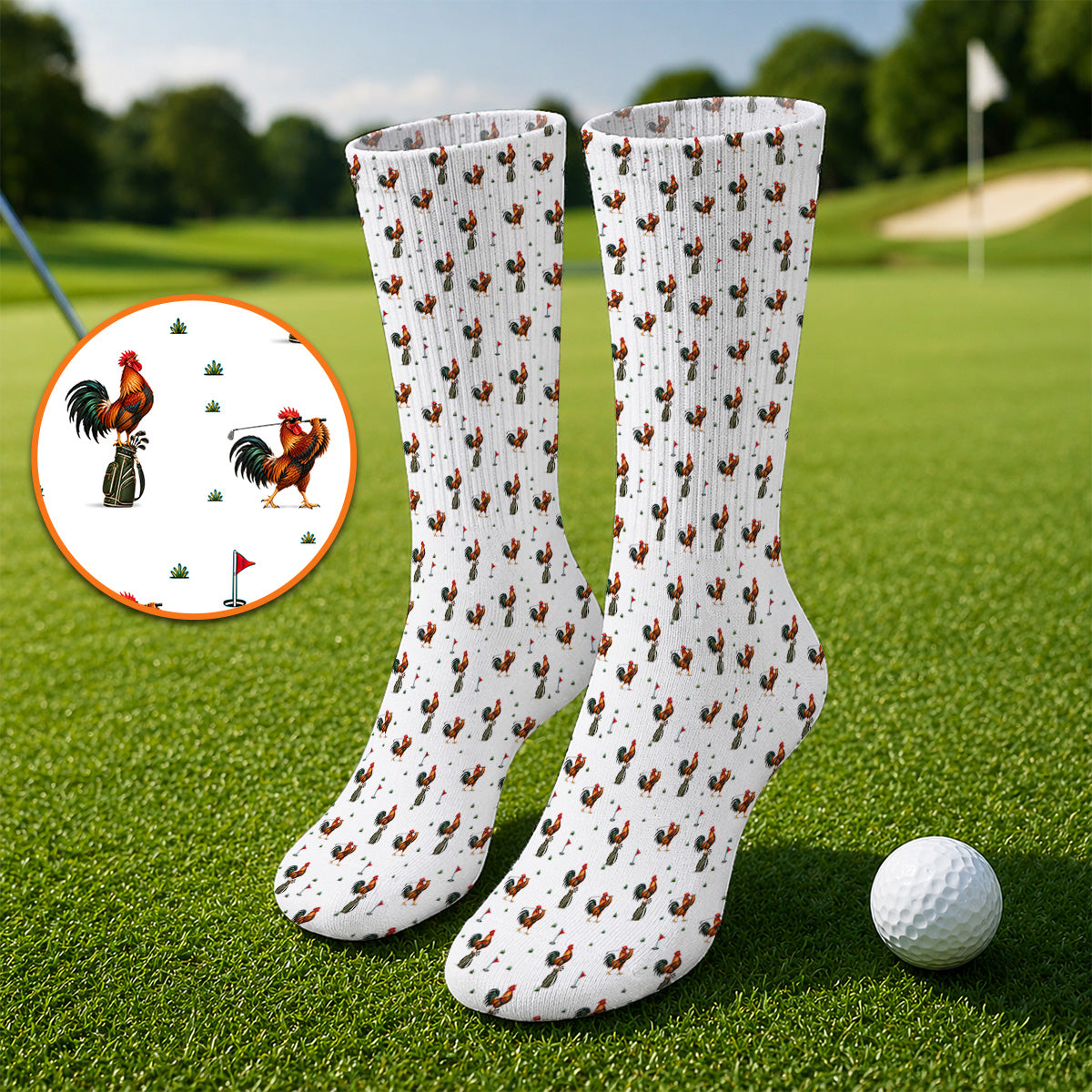 Rooster Golf Swing Socks, Rooster Pattern Golf Sock For Chicken Lovers, Crazy Golf Gift For Golfers