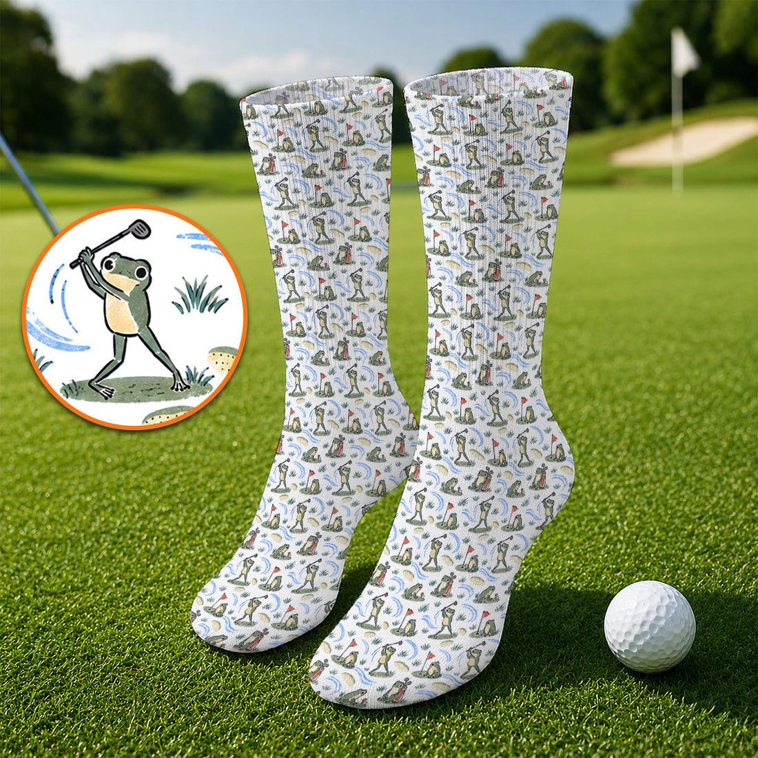 Playful Frog Golf Socks, Vintage Frog Golf Pattern Sock, Golf Gift For Golf Lovers