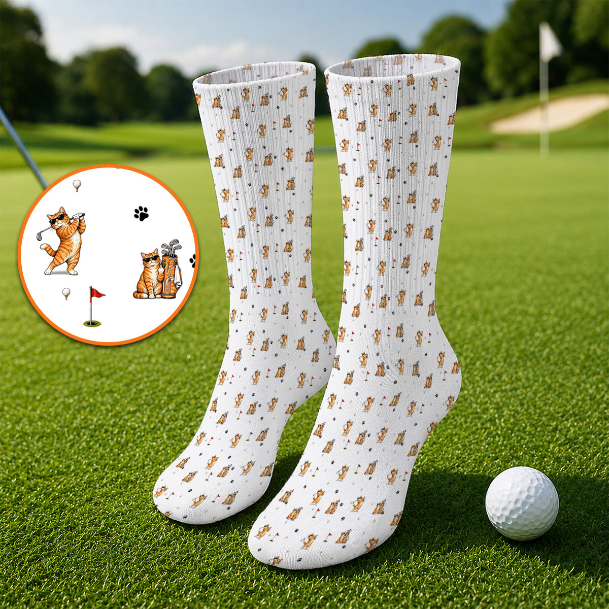 Funny Golf Cat Socks, Orange Tabby Cat Playing Golf Pattern Sock, Golf Gift For Golfers