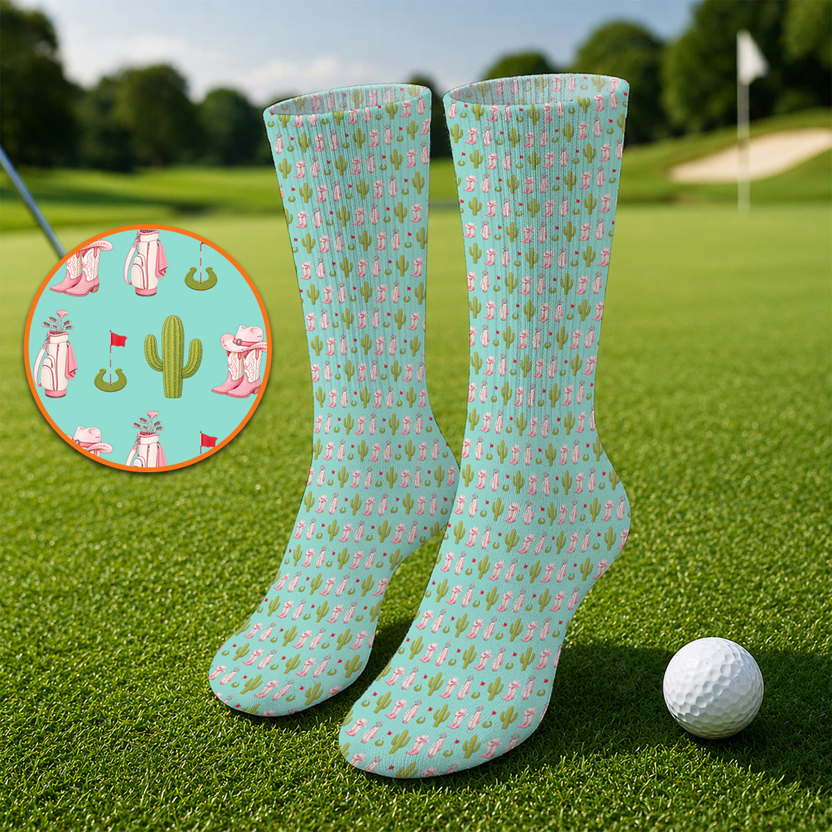 Cowgirl Pattern Golf Socks, Western Cactus Golf Sock, Golf Gifr For Golfers