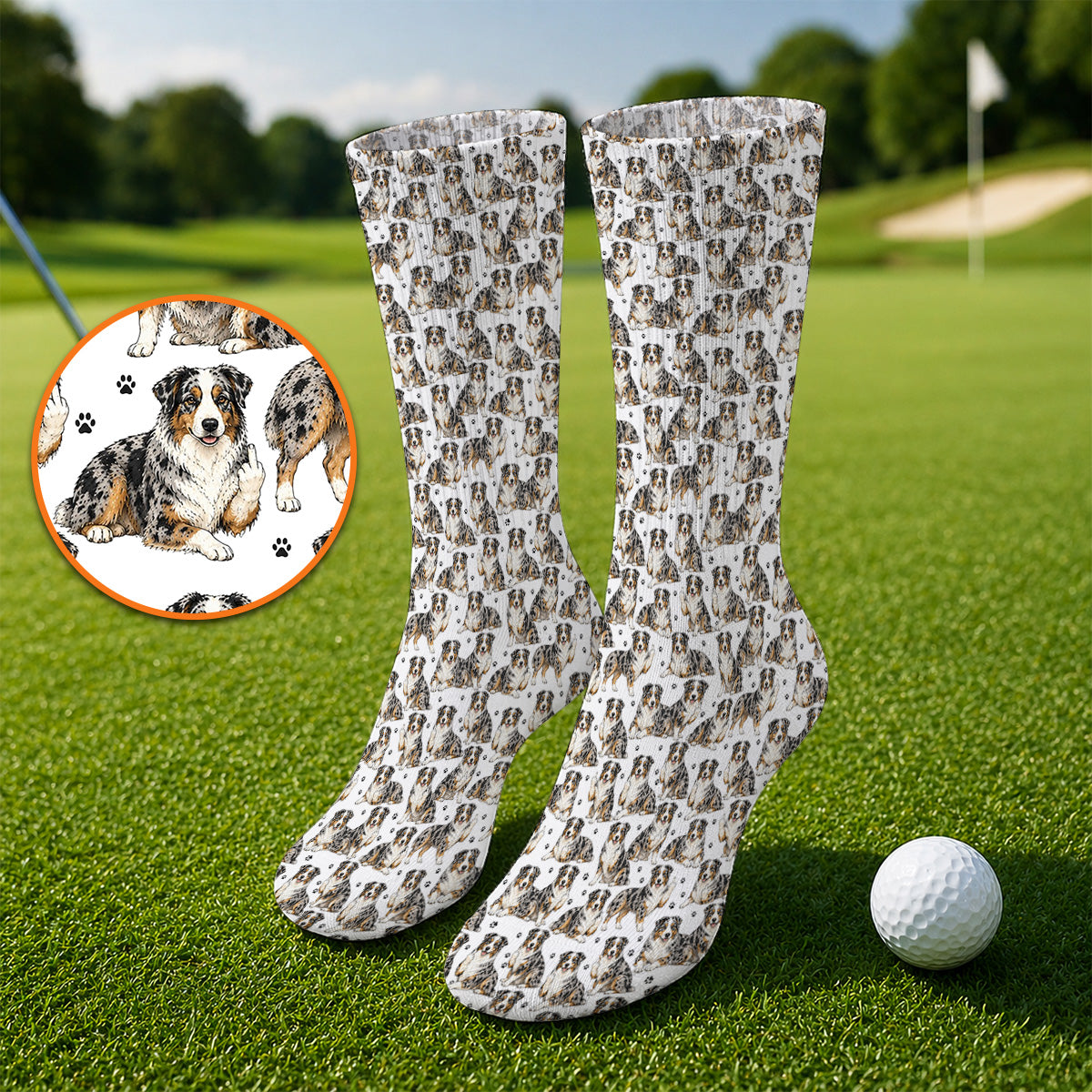Australian Shepherd Golf Sock, Funny Blue Merle Aussie Pattern Golf Socks, Golf Gift For Golfer