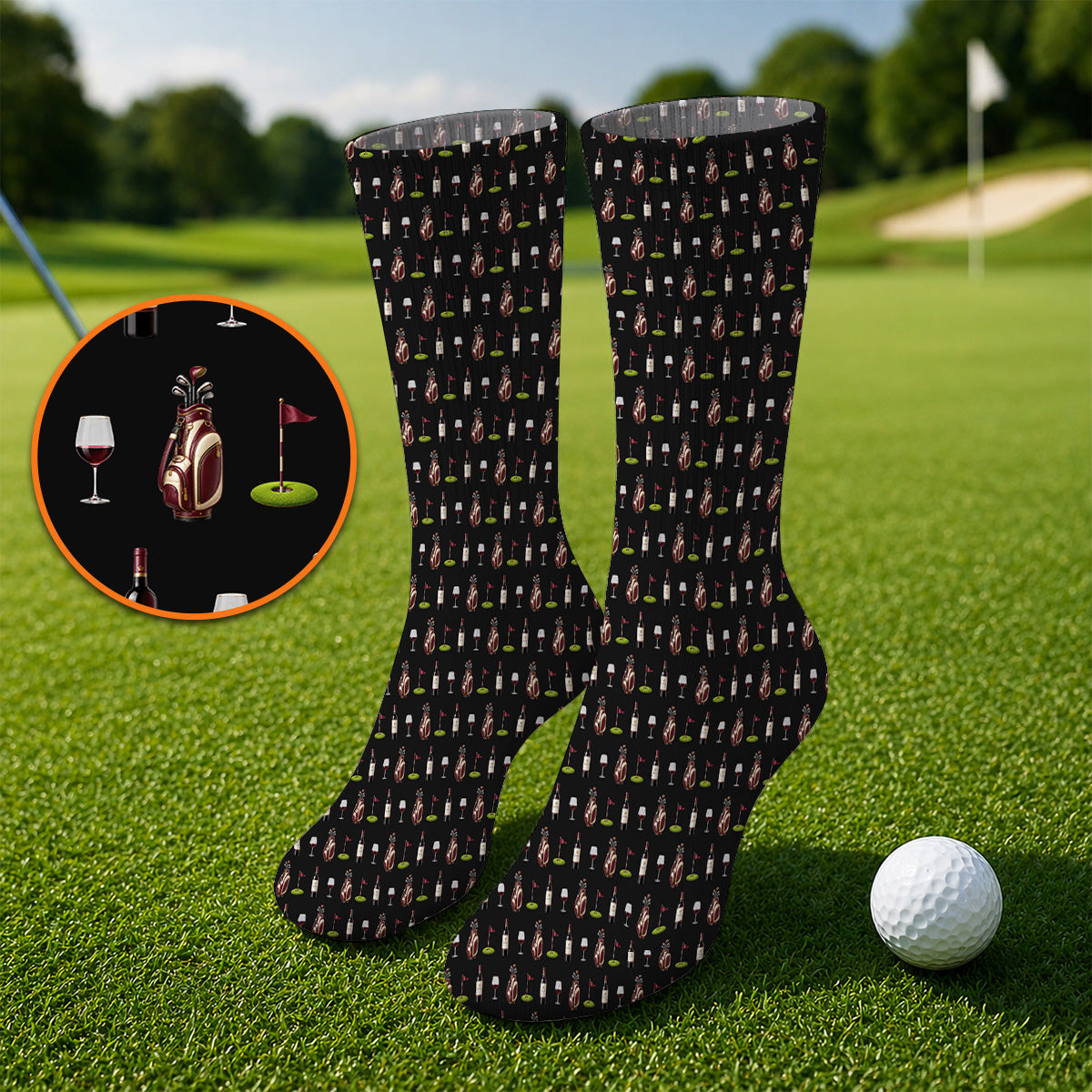 Wine & Golf Socks, Vintage Red Sock Pattern Golf Shirt , Crazy Golf Gift For Golfers
