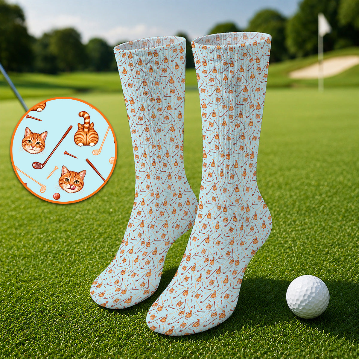 Orange Tabby Cat Golf Sock, Funny Cat Butt & Golf Pattern Socks, Unique Golf Apparel Gift for Cat Lovers
