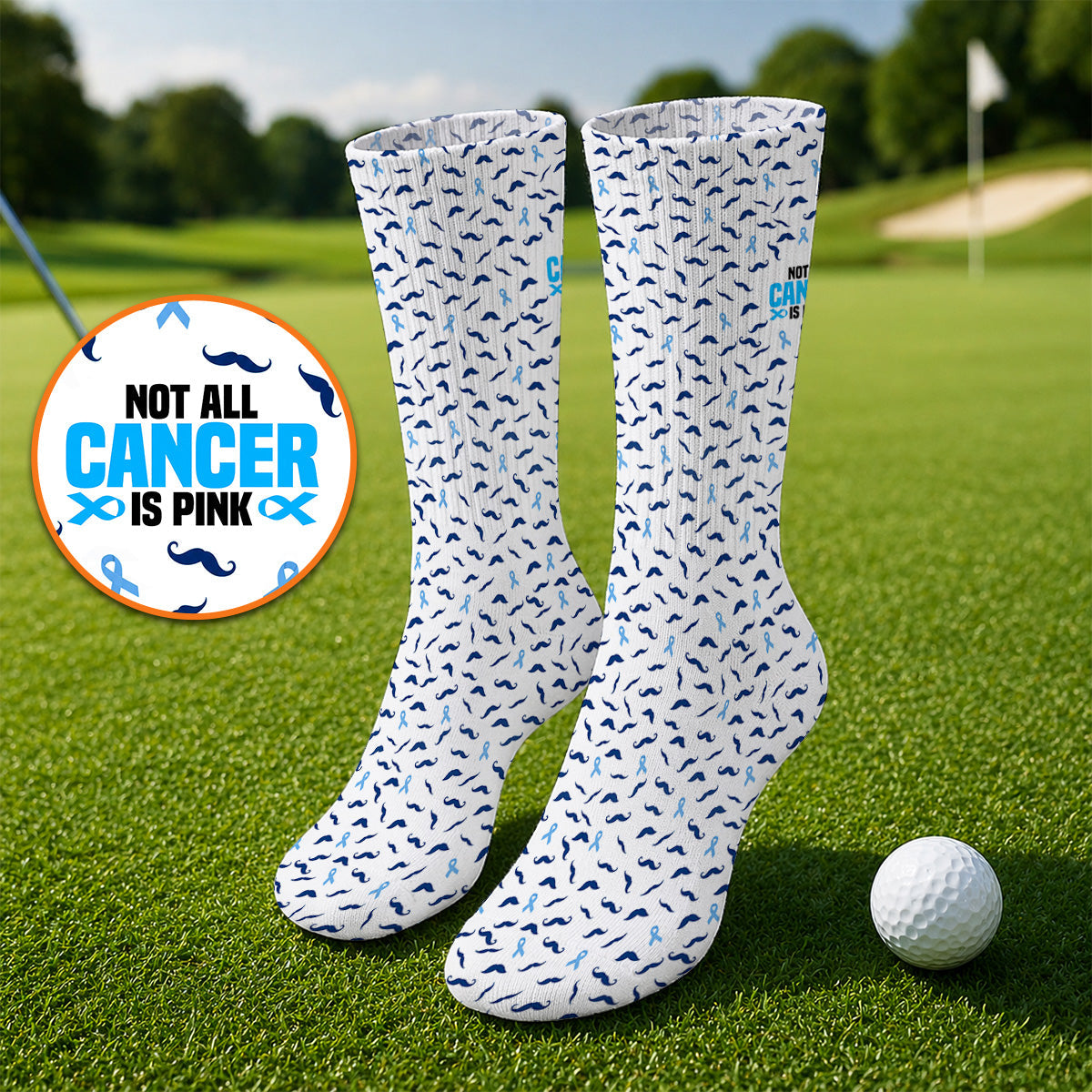 Prostate Cancer Awareness Golf Socks, Blue Ribbon Mustache Pattern Golf Sock, Support Gift for Golfers