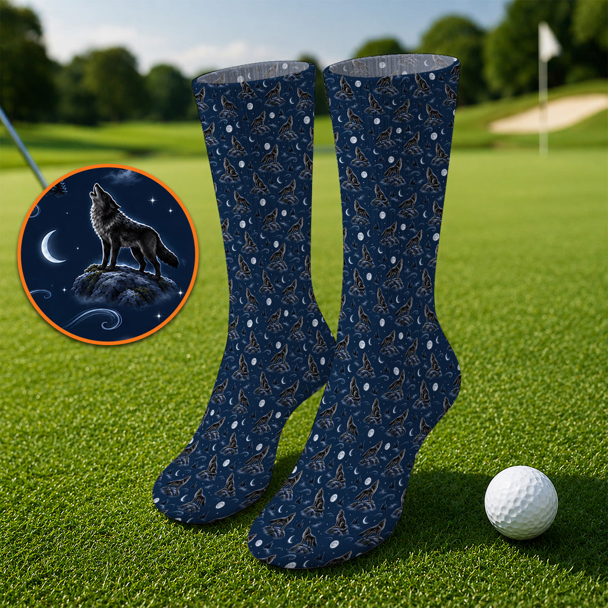 Howling Wolf Golf Socks, Moonlight Wolf Pattern Golf Sock, Crazy Golf Gift for Golfer
