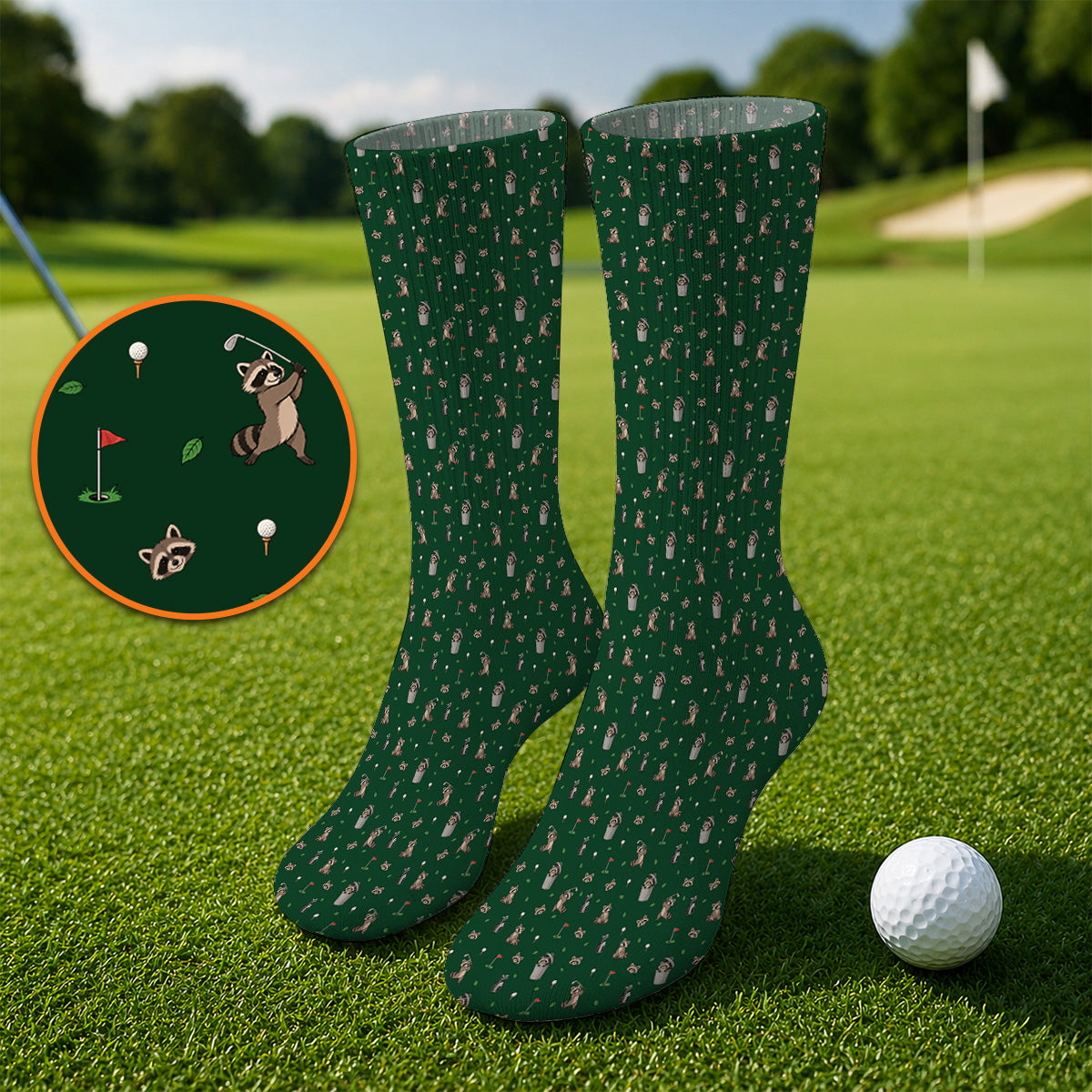 Raccoon Golf Socks, Playful Raccoon Golf Pattern Sock, Funny Animal Golf Footwear for Golfer