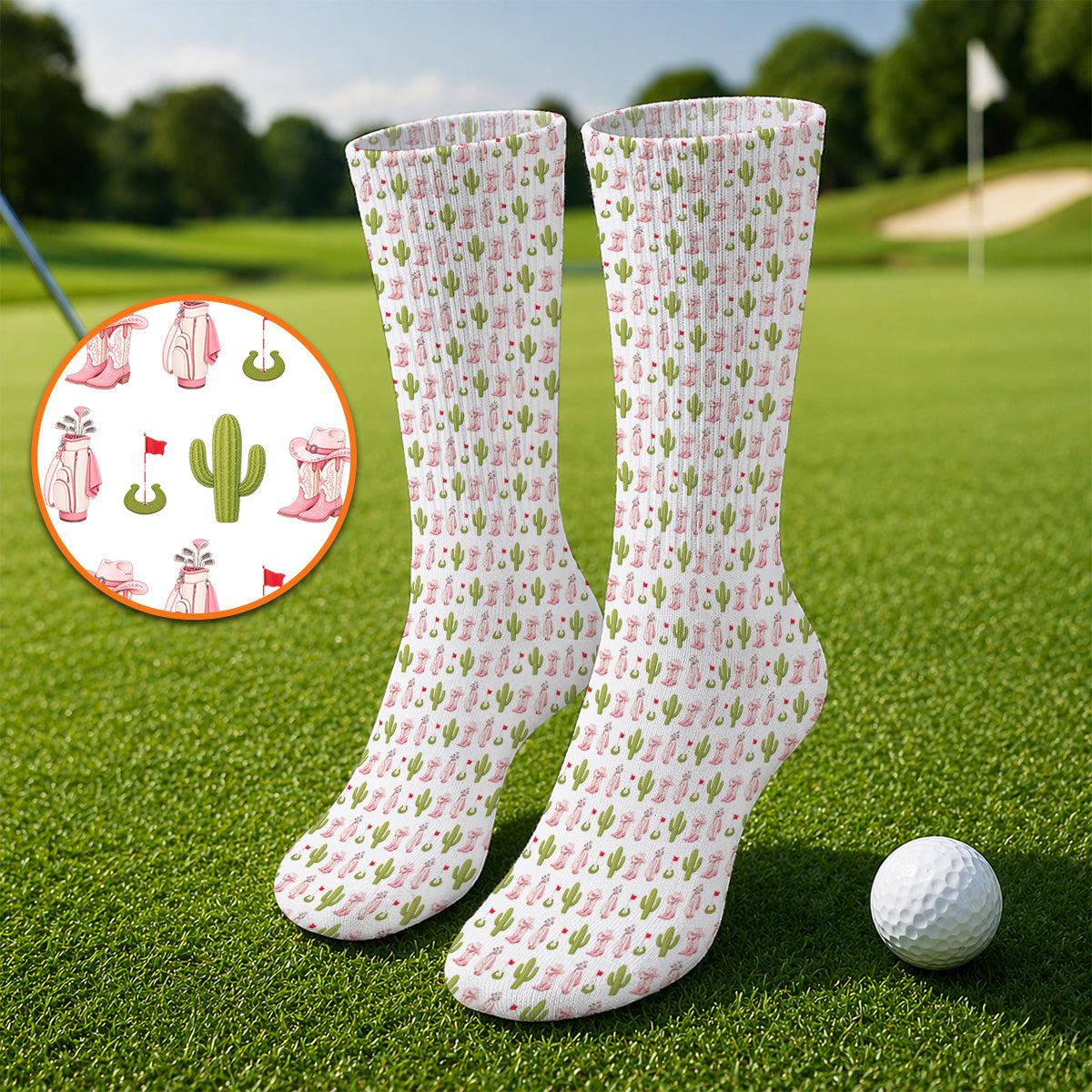 Cowgirl Pattern Golf Socks, Western Cactus Golf Sock, Golf Gifr For Golfers